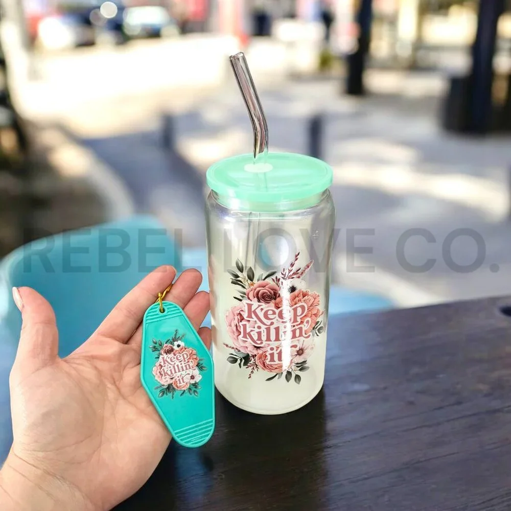 Keep Killin' It 16oz Glass Beer Can Tumbler with Matching Keychain, Handmade